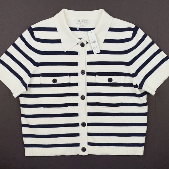 New JCREW Size M Collared Short-Sleeve Cardigan in Stripe Ivory Navy $118 CI633 - Picture 4 of 6